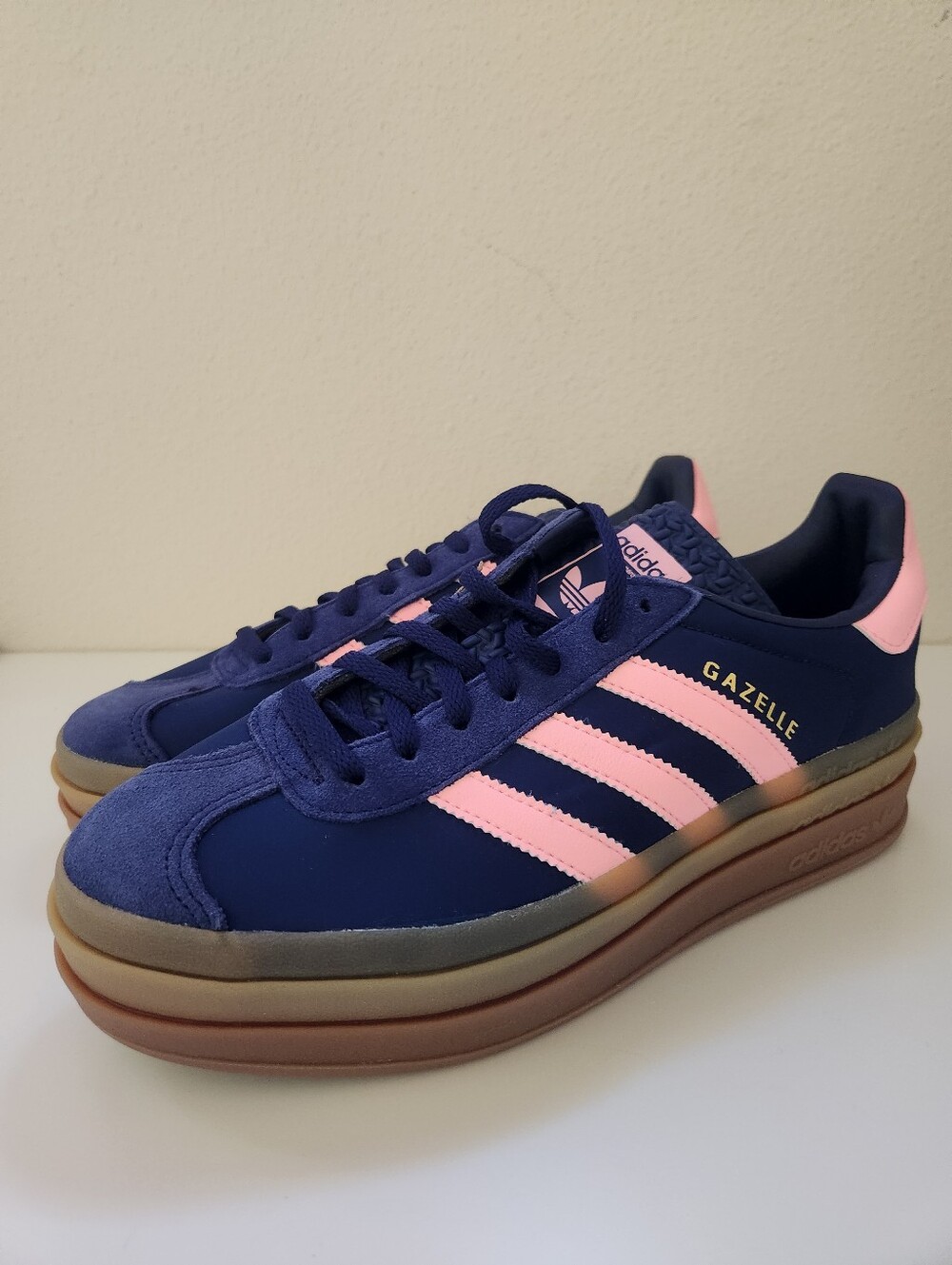New Adidas Gazelle Bold Navy Blue and Pink Platform Sneakers